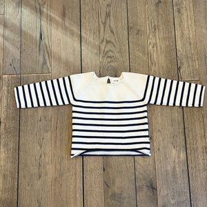 Oeuf stripe cotton sweater with one button closure in back.  2Y 100% cotton